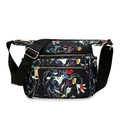 Floral nylon crossbody bag in black with multi-compartment design and gold zippers - Black Floral Bush