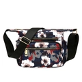 Floral print nylon crossbody bag in dark blue with adjustable black strap and gold zippers - White Floral