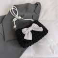 Retro black popcorn texture underarm bag with oversized white satin bow and woven handle - Black