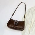 Bolso baguette de cuero marrón con hebilla plateada y costuras blancas para mujer - Marrón