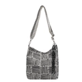 Large striped canvas crossbody bag with woven texture and decorative fringe tassels - Black