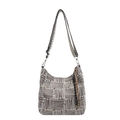 Large striped canvas hobo bag in grey and beige with woven strap and tassel charm - Coffee