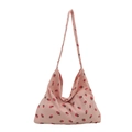 Bolso tote de pana rosa con estampado de fresas rojas y correas largas para mujer - Rosa