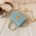 Light blue girls mini crossbody bag with pearl handle and golden heart twist lock - Blue
