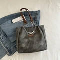 Borsa tote vintage grigia con catena di metallo e perle, borsa a spalla in tela da donna - Con Ciondolo / Nero