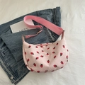 Pink corduroy crescent moon bag with red strawberry pattern and wide shoulder strap - Pink