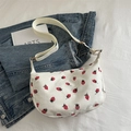 White corduroy crossbody bag with cute strawberry print and adjustable strap - White