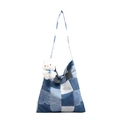 Blue denim patchwork tote bag with cute white plush bunny charm on a plain background - Blue (No Pendant)