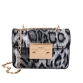 Fashionable small square bag with black and white leopard print and gold chain strap - Black