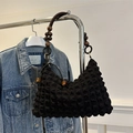 Black popcorn texture tote bag with vintage wood bead shoulder strap and woven design - Black