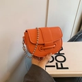 Chic orange saddle bag with litchi grain leather and silver bead chain strap - Orange