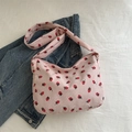 Bolso tote de pana rosa con estampado de fresas y correa de hombro estilo casual - Rosa