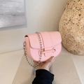 Chic pink saddle bag with lychee texture and silver ball chain strap for women - Pink