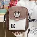 Cute Korean style brown and beige canvas messenger bag with a small bear patch - Khaki