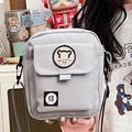 Cute light grey canvas crossbody bag with small bear patch for women and students - Gray
