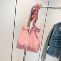 Pink pleated bucket bag with silver rhinestones and frilled strap for women - Pink