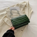 Dark green crocodile pattern flap shoulder bag with chunky silver chain strap - Green