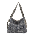 Bolso tote de lona con patrón geométrico azul y correa ancha de hombro con lunares - Azul