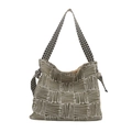 Bolso tote de lona tejida geométrica verde oliva con correa de lunares blancos y negros - Caqui