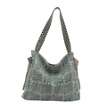 Bolso tote de lona con rejilla geométrica verde y blanca y correas de lunares - Verde