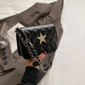 Quilted black crossbody bag with rhinestone star detail and metallic chain strap - Black