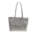 Silver faux leather tote bag with crocodile embossing and dual handles for women - Silver
