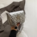Quilted silver crossbody bag with star emblem and metal chain strap for women - Silver