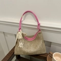 Borsa tote in paglia con manici in pelle rosa e un grande fiocco in pizzo bianco - Rosa