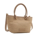 Beige gewebte Stroh-Tragetasche mit Kunstledergriffen und verstellbarem Schultergurt - Khaki