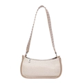 Borsa a spalla in paglia intrecciata con tracolla a borchie e cerniera in argento crema - Kaki