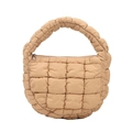 Mini light brown quilted puffer bag with a glossy finish and a smooth silver zipper closure - Khaki