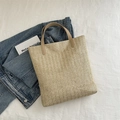 Große sommerliche Strohtasche in Naturfarbe mit khakifarbenen Ledergriffen für Damen - Khaki