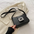 Classic black crescent shoulder bag with a sparkling silver rhinestone square buckle detail - Black