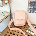 Graziosa borsa a tracolla rosa da donna con ricamo a fiocco bianco e tracolla larga - Rosa