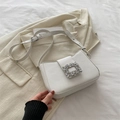 Elegant white matte leather crescent bag with a large sparkling square rhinestone buckle - White