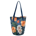 Borsa tote in tela blu navy con vivace stampa floreale arancione e bianca e doppi manici - Stile Floreale Pittura a Olio / Blu