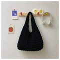 Fashionable black bubble texture tote bag with pleated design for casual daily use - Black