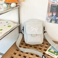 Japanese style light blue canvas crossbody bag with delicate white bow embroidery - Gray