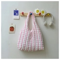 Pink and white striped bubble texture pleated shoulder tote bag on wooden wall hook - Pink White