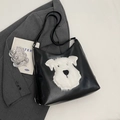 Bolso tote de cuero PU negro con parche de perro schnauzer de peluche y correas para hombro - Negro