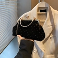 Elegant black velvet shell clutch bag with pearl accents and golden chain strap - Black