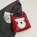 Sac fourre-tout en cuir rouge avec écusson de chien en fausse fourrure blanche élégant - Bordeaux