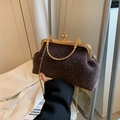 Vintage brown suede shell bag with white rhinestones and golden ring handle - Brown