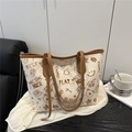 Contrast color canvas tote bag featuring vintage street graffiti and bear prints - Brown