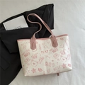 Cute pink and white graffiti print tote bag with cartoon bear patterns and pink straps - Pink
