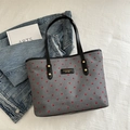 Fashionable dark grey fabric tote bag with red polka dots and black leather handles - Red Polka Dot