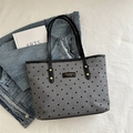 Grey polka dot canvas tote bag with black straps and golden rivets on white fabric - Black Polka Dot