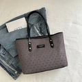 Grey canvas tote bag with red heart pattern and black handles for women - Grey Heart