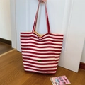 Red and white striped canvas tote bag with Handmade metal plaque for casual daily use - Red