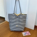 Black and white striped canvas tote bag with vibrant yellow lining and long shoulder strap - Blue